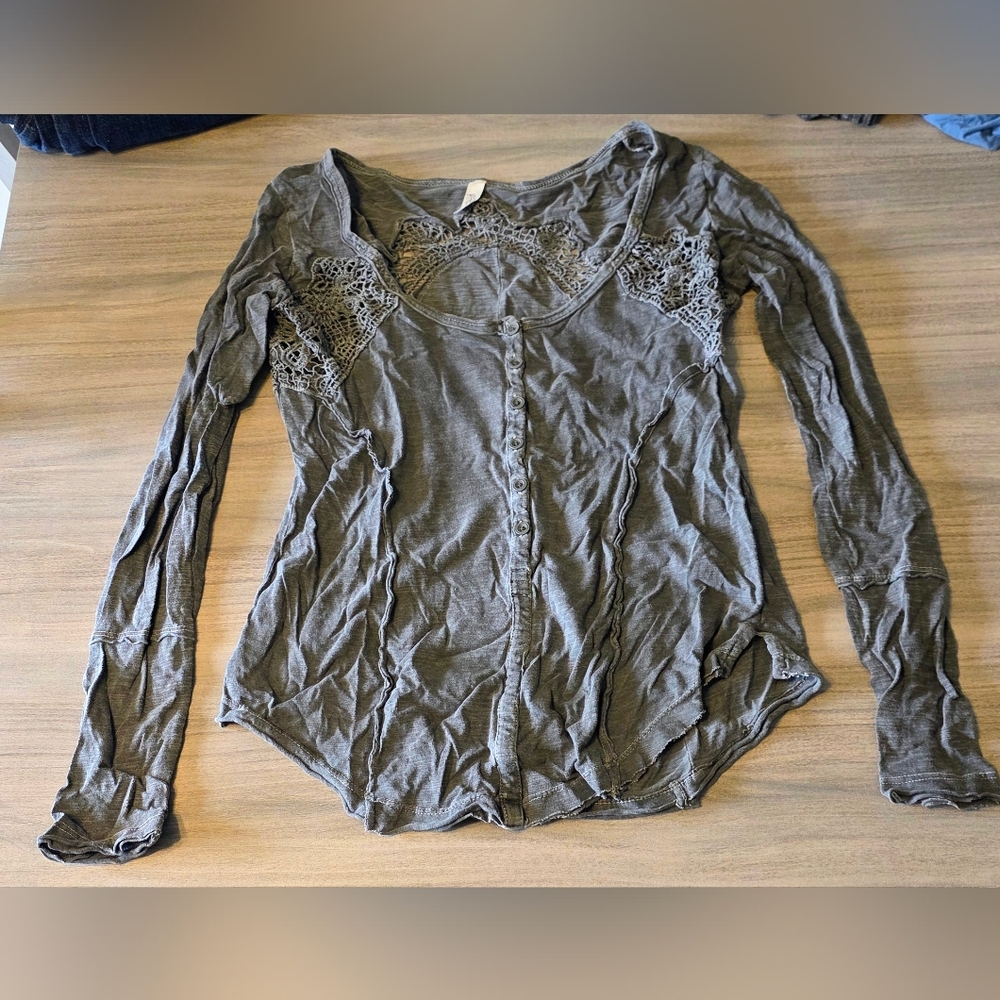 Free People Lace Long Sleeve Shirt Gray Small